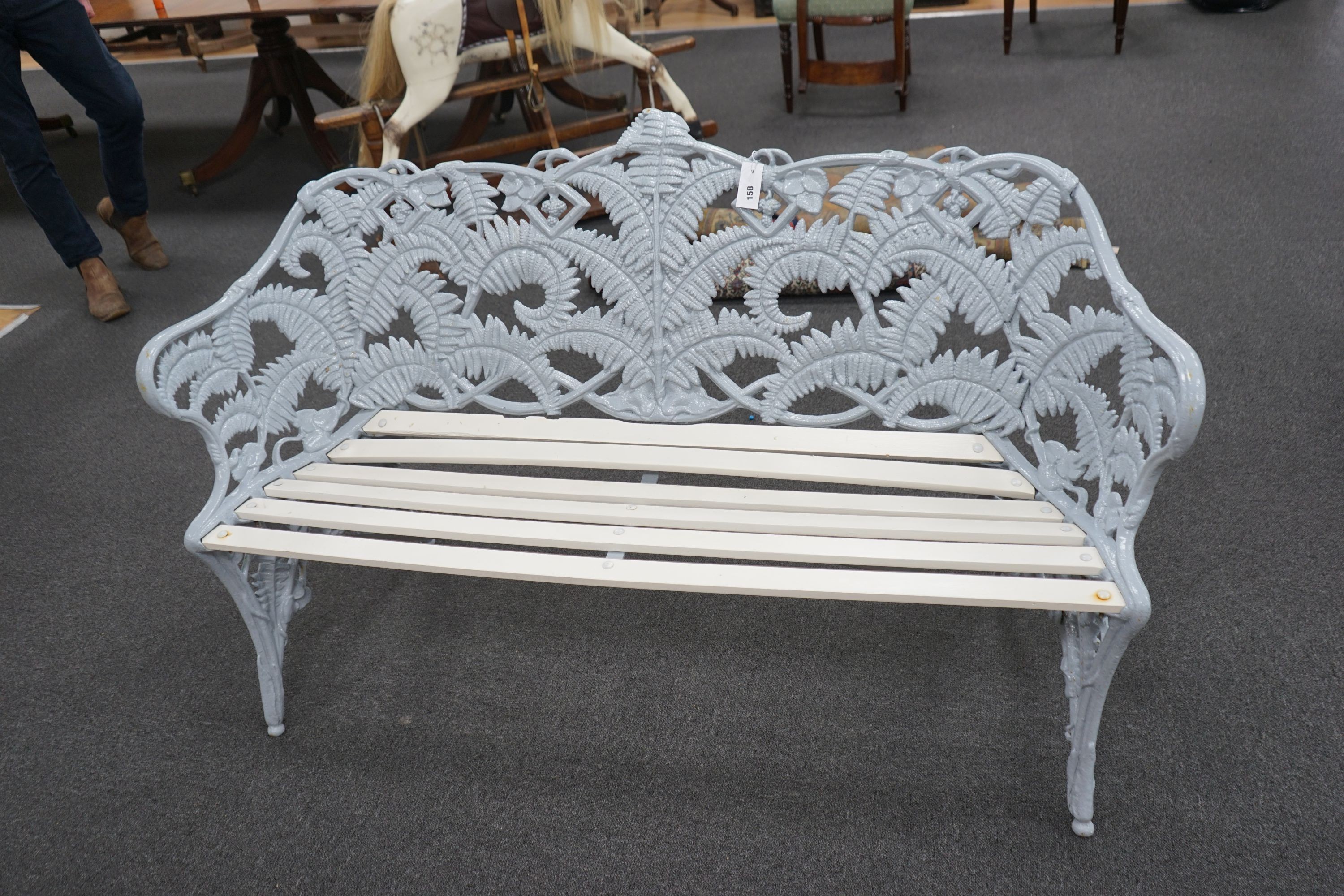 A Victorian Coalbrookdale cast iron Fern pattern garden bench, repainted and with a re-slatted wood seat, length 152cm, depth 56cm, height 94cm